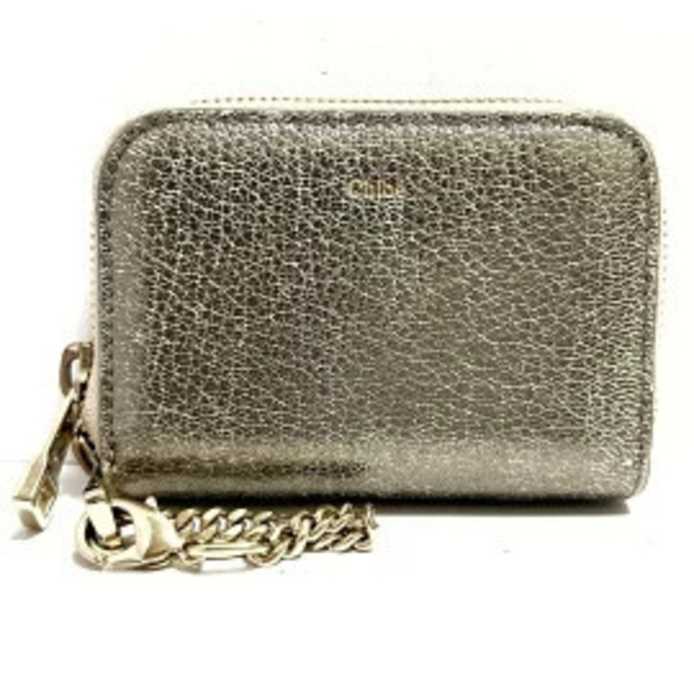 Chloe coin case Wallet Round Zipper Gold x Gray Beige Cream Brown Leather